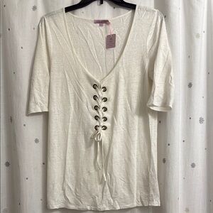 Calypso St. Barth Linen Lace-Up Short Sleeve Top